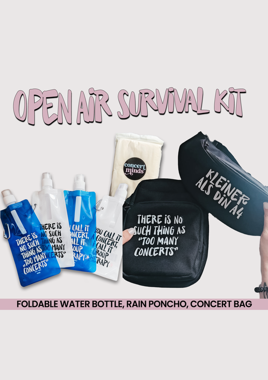 Open Air Survival Kit mit Umhängetasche | Faltbare Trinkflasche, Regenponcho, Konzerttasche (Kopie)